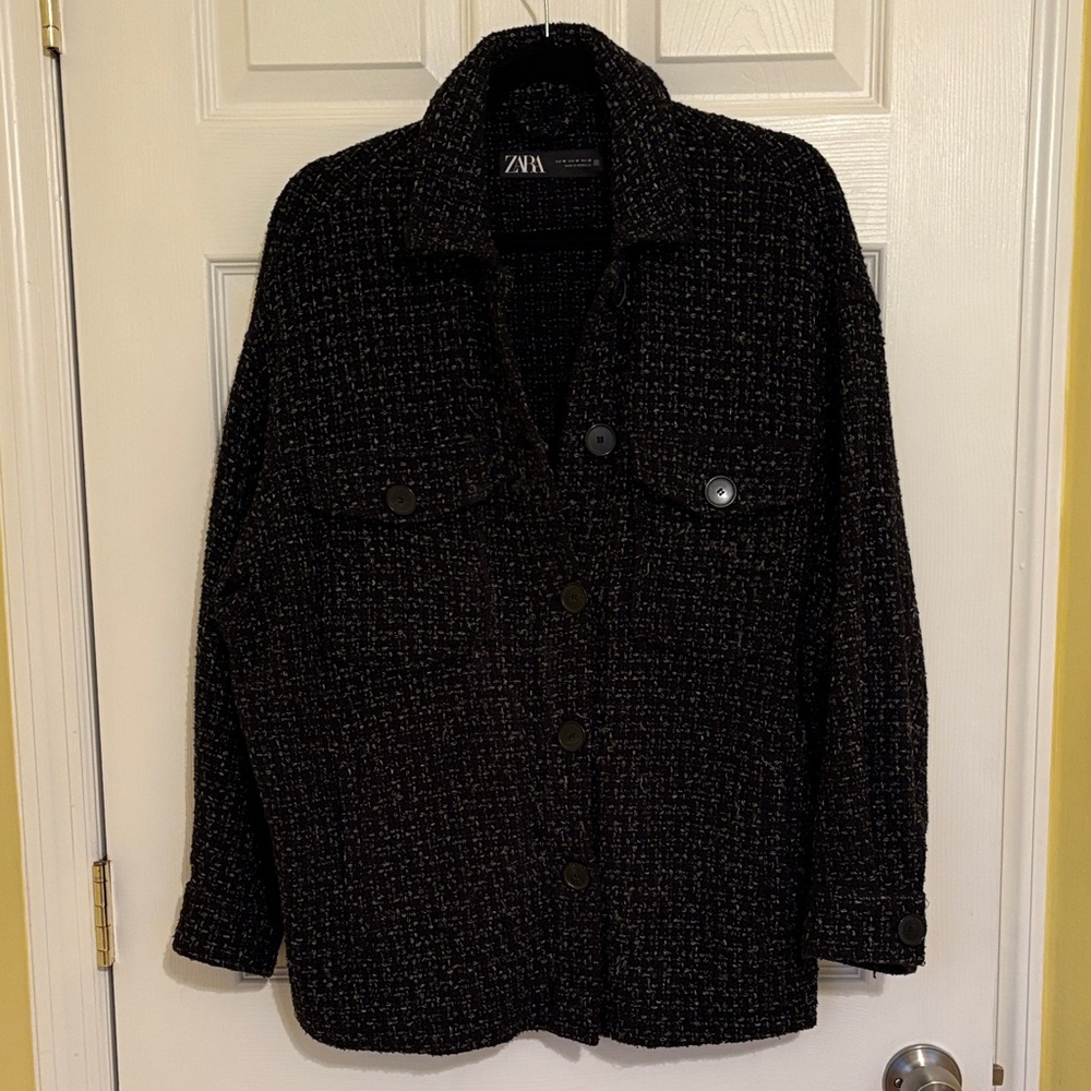 Zara Black Tweed Shirt Jacket Size Medium